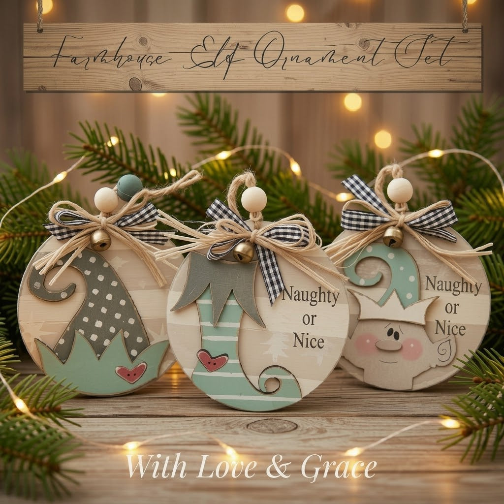 Rustic Farmhouse Elf Ornament Set of 3