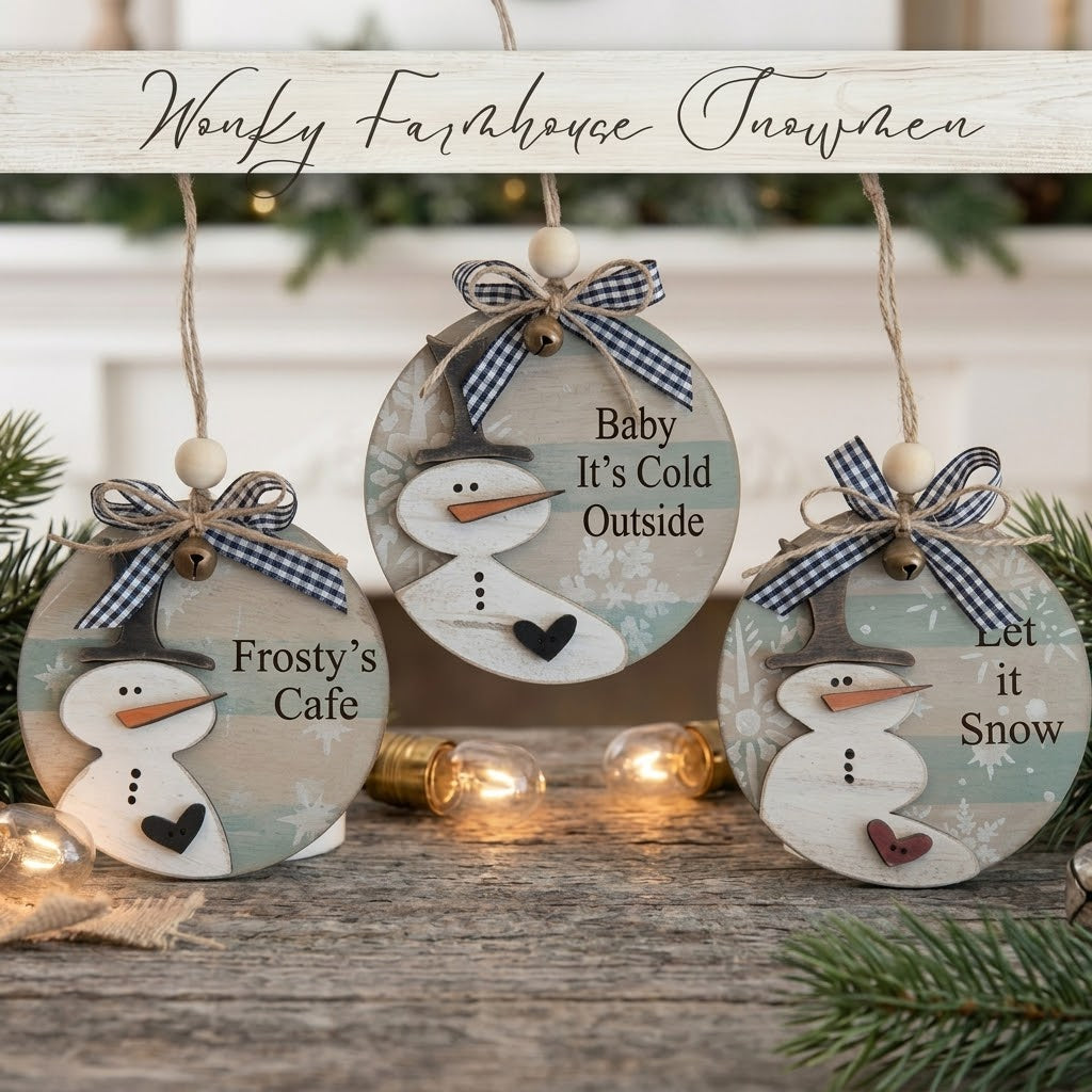 Rustic Farmhouse Snowman Ornament Bundle Set of 3