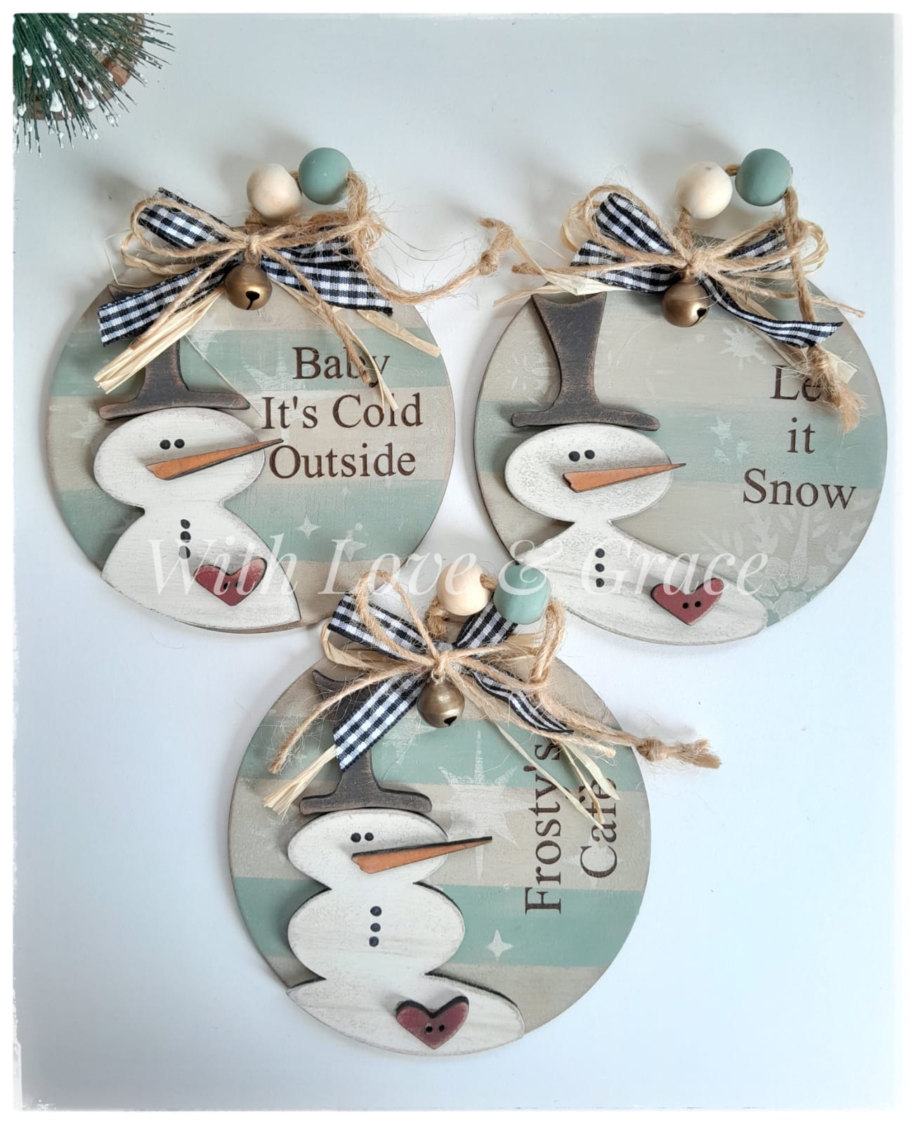 Rustic Farmhouse Snowman Ornament Bundle Set of 3