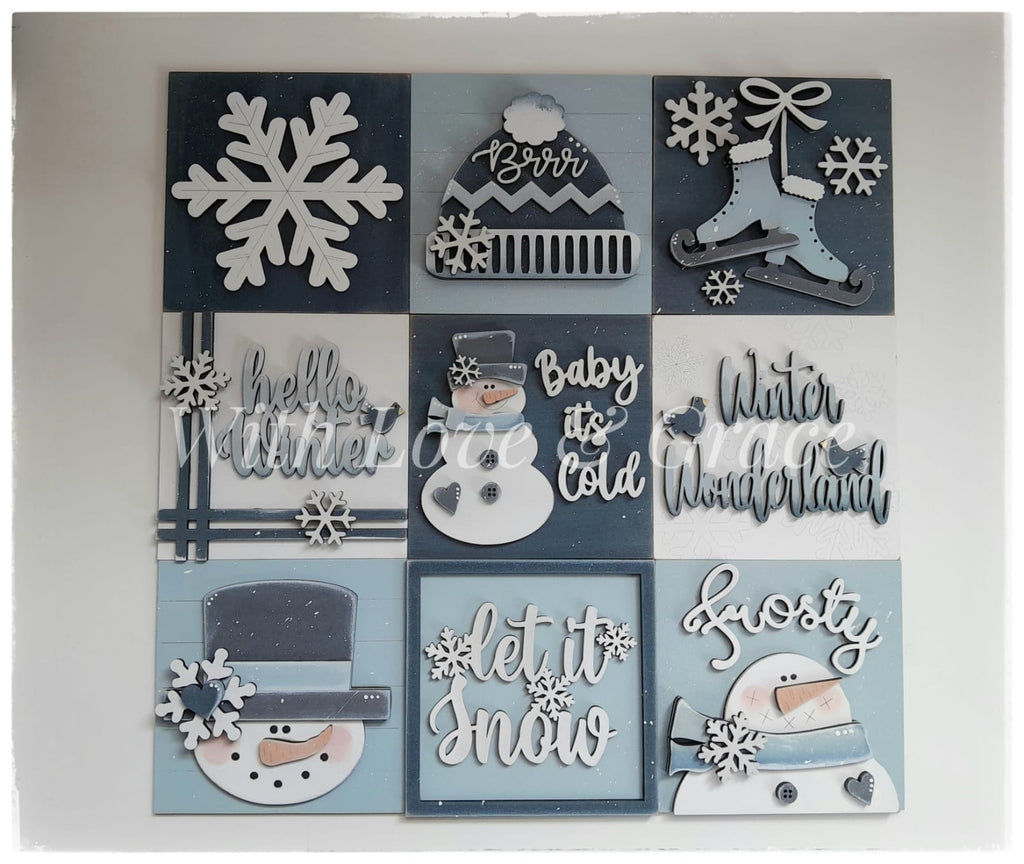 Winter Snowman 10.8cm Square Sign Bundle - Painted (Set of 9)