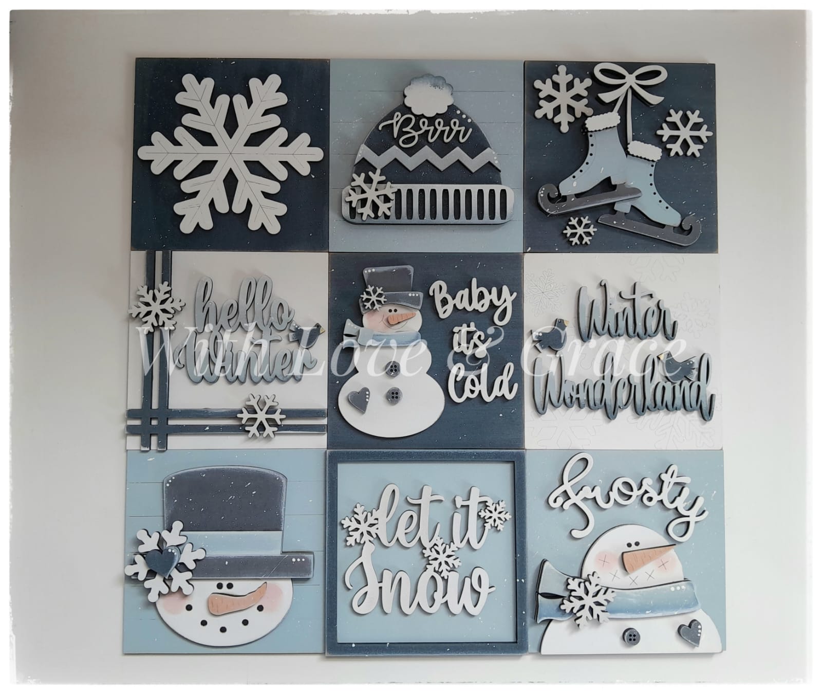 Winter Snowman 10.8cm Square Sign Bundle - Painted (Set of 9)