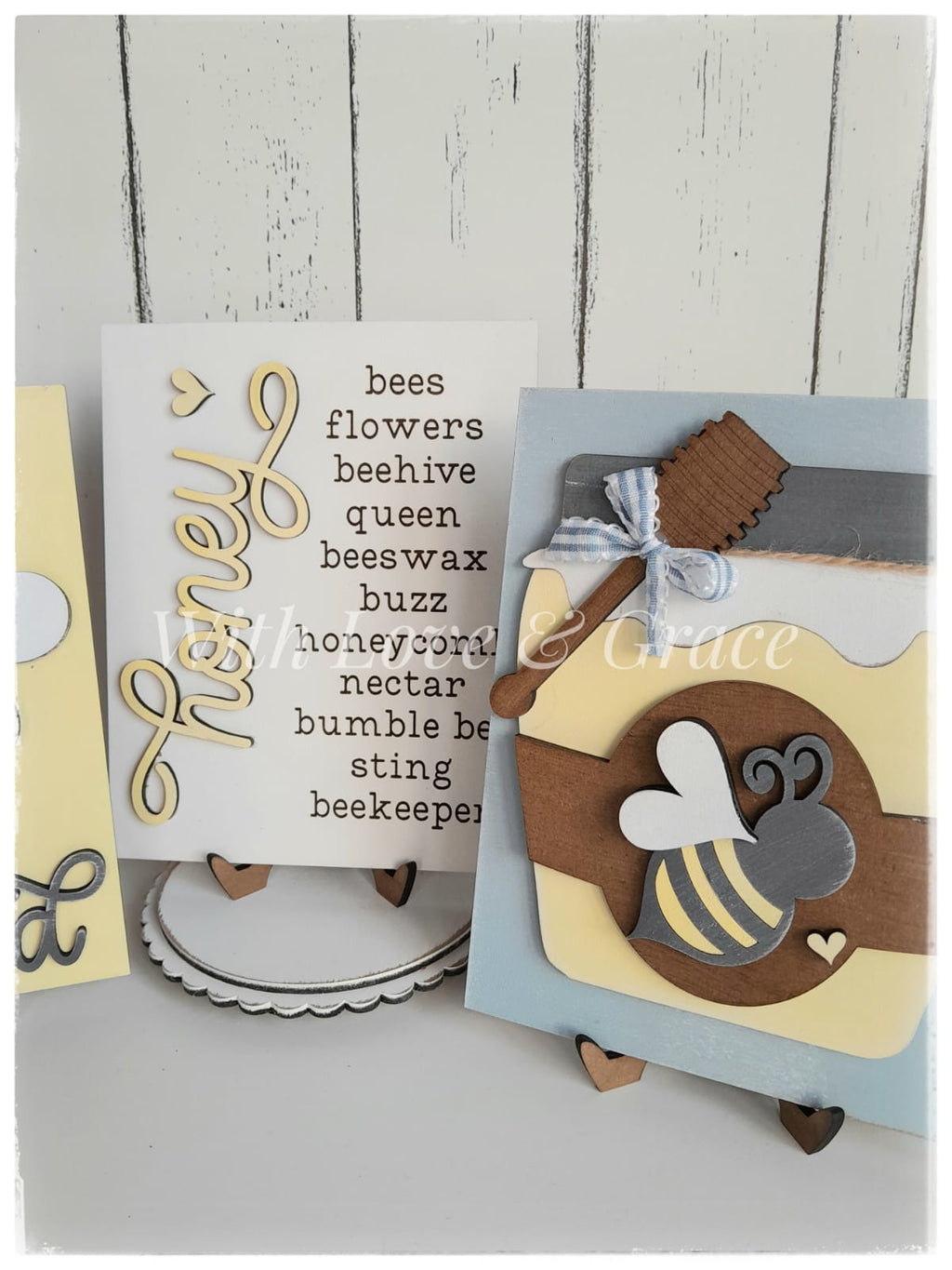Honey Bee Trio Signs with Easel Stands