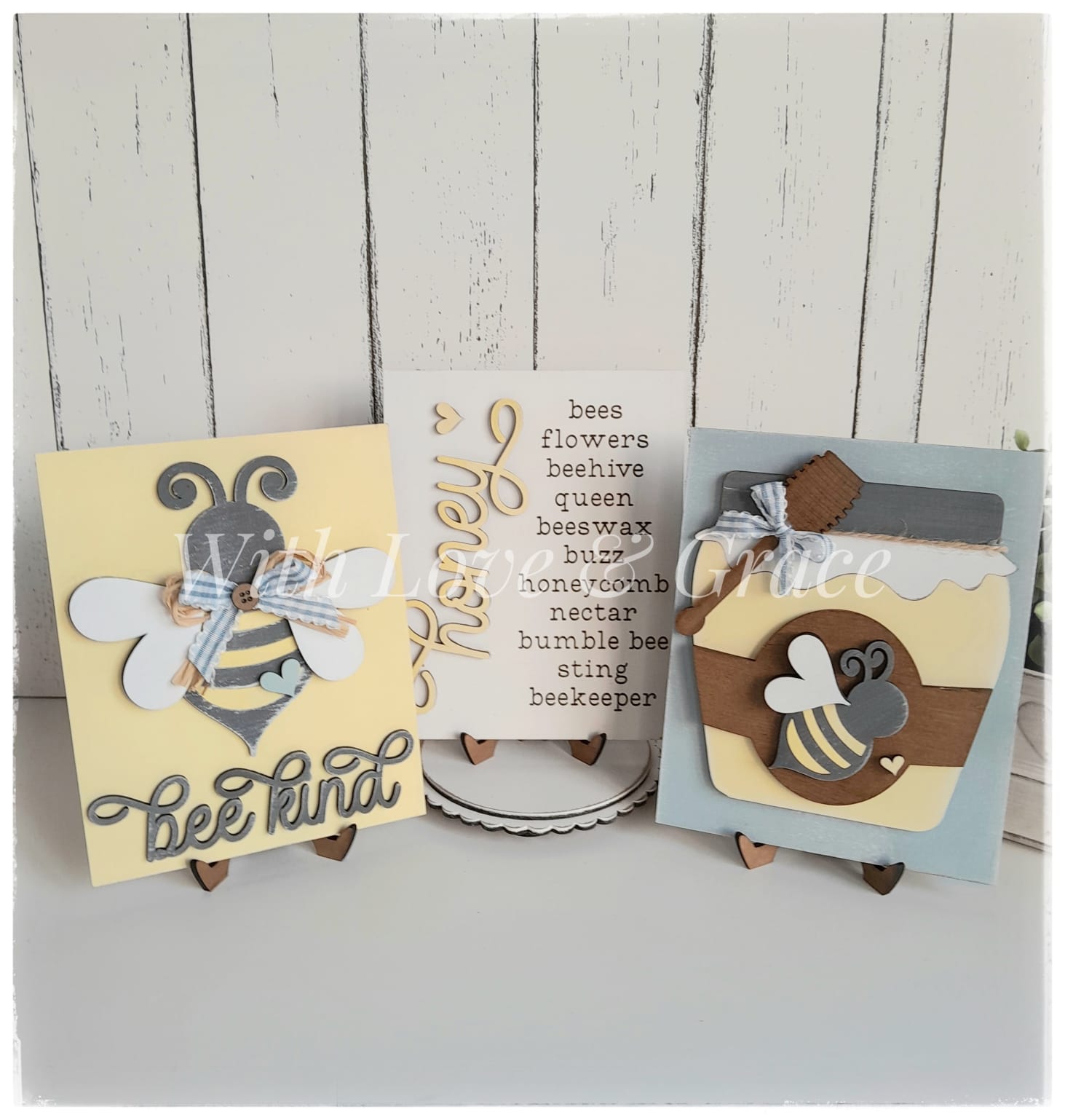 Honey Bee Trio Signs with Easel Stands