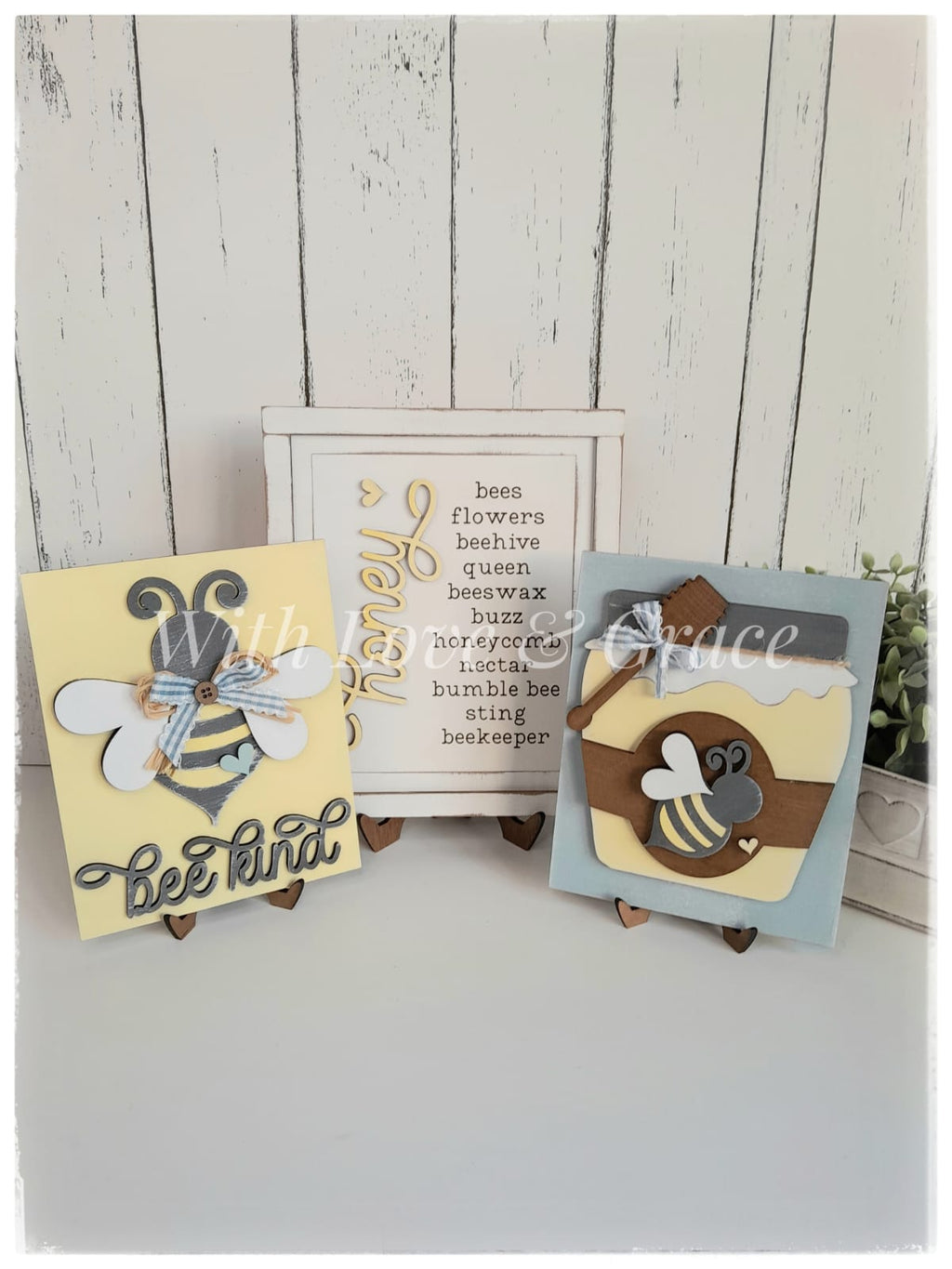 Honey Bee Trio Signs with Easel Stands