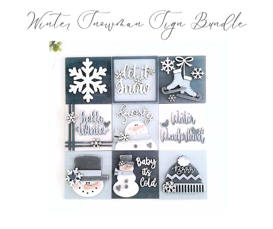 Winter Snowman 10.8cm Square Sign Bundle - Painted (Set of 9)
